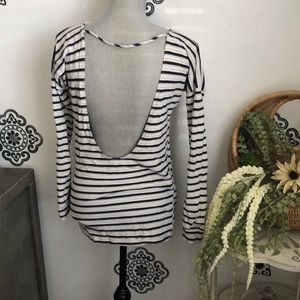 Boat neck low back sexy stripes long sleeve